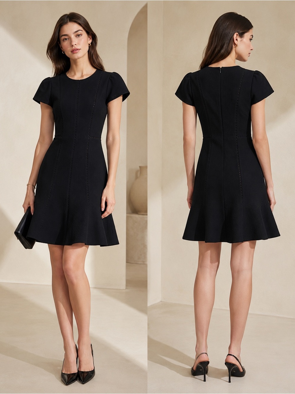 Rebecca Taylor Black Puff Sleeve Fluted Dress Size 2 Fits 4/6 Stretch